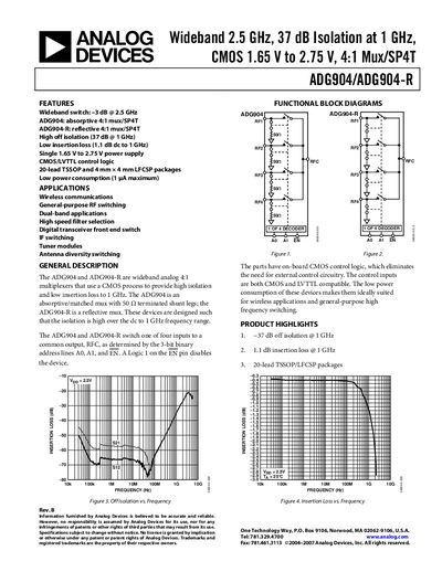 ANALOG DEVICES Wideband 2.5 GHz 37 dB Isolation at 1 GHz CMOS 1.65 V to 2.75 V 4:1 Mux/SP4T ADG904/ADG904-R English products handbook Rev B - cover page