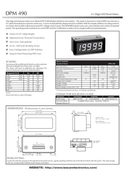 LASCAR - DIMENSIONS All dimensions in mm (inches) DPM 490 4&permil; Digit LED Panel Meter 10mm (0.39&igrave;) Digit Height Manual - cover page