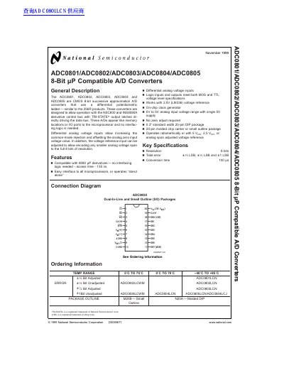 National Semiconductor ADC0801/ADC0802/ADC0803/ADC0804/ADC0805 8-Bit µP Compatible A/D Converters Datasheet - cover page