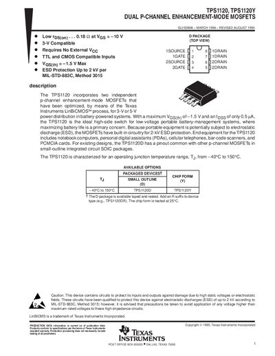 Texas Instruments TPS1120/TPS1120Y Dual P-Channel MOSFETs Datasheet - cover page