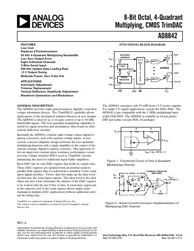 Analog Devices AD8842 8‑Bit Octal 4‑Quadrant Multiplying TrimDAC Datasheet - cover page