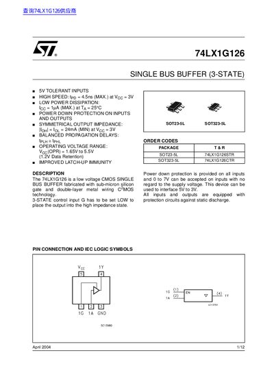 STMicroelectronics 74LX1G126 Single Bus Buffer Datasheet - cover page