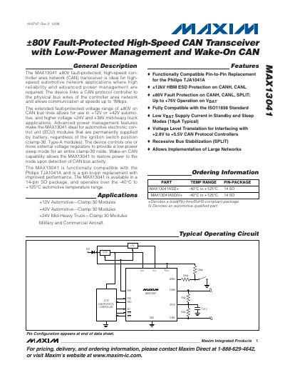 Maxim MAX13041 CAN Transceiver Datasheet - cover page