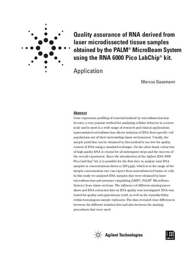 Agilent RNA 6000 Pico LabChip Kit Quality Assurance Application Note - cover page