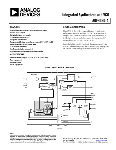 Analog Devices ADF4360-4 Integrated Synthesizer and VCO Datasheet - cover page