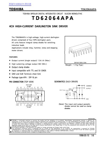 Toshiba TD62064APA 4CH High-Current Darlington Sink Driver Datasheet - cover page