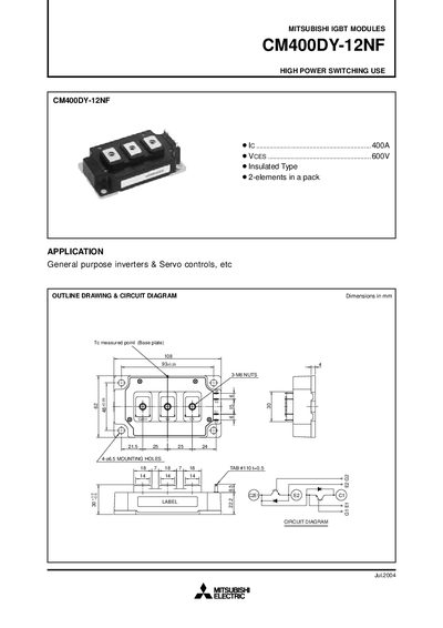 Mitsubishi CM400DY-12NF IGBT Module Datasheet - cover page