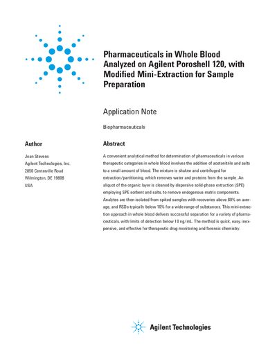 Agilent Poroshell 120 Pharmaceuticals in Whole Blood Analyzed Application Note - cover page