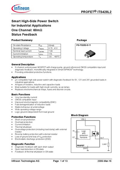 Infineon ITS428L2 Smart High-Side Power Switch Datasheet - cover page
