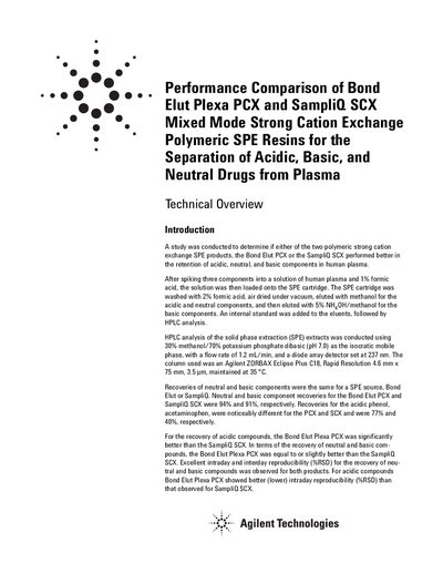 Agilent Bond Elut Plexa PCX and SampliQ SCX Performance Comparison Manual - cover page