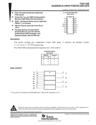 Texas Instruments 74AC11008 Quadruple 2-Input Positive-AND Gate Datasheet - cover page