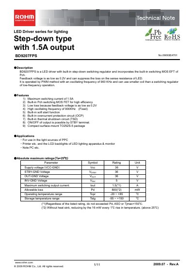 ROHM BD9207FPS LED Driver Technical Note - cover page