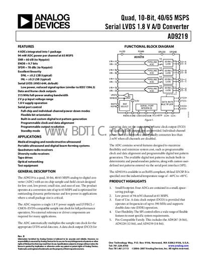 Analog Devices AD9219 10‑Bit Quad ADC Datasheet - cover page