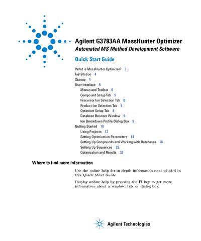 Agilent G3793AA MassHunter Optimizer Quick Start Guide - cover page