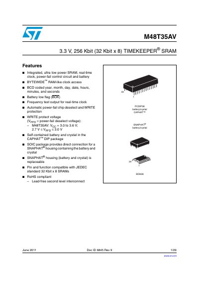 ST M48T35AV 3.3 V 256 Kbit (32 Kbit x 8) TIMEKEEPER SRAM handbook - cover page