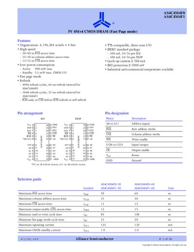Alliance Semiconductor AS4C4M4F0/AS4C4M4F1 5V 4Mx4 CMOS DRAM Datasheet - cover page