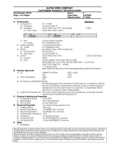 Alpha Wire 5474C Product Specification - cover page