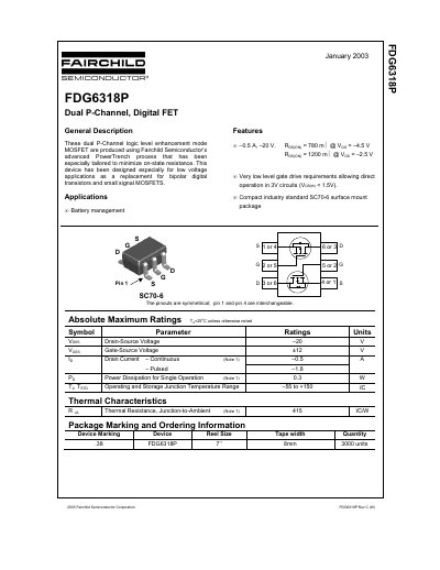 Fairchild FDG6318P Dual P-Channel Digital FET Datasheet