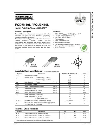Fairchild Semiconductor FQD7N10L/FQU7N10L 100V Logic N-Channel MOSFET Datasheet - cover page