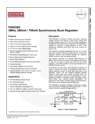 Fairchild FAN5362 Synchronous Buck Regulator Datasheet - cover page