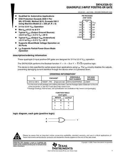 Texas Instruments SN74LV32A-Q1 Quadruple 2-Input Positive-OR Gate Datasheet - cover page