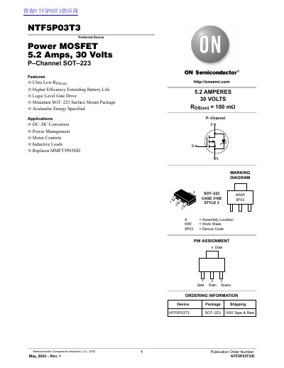 ON NTF5P03T3 Preferred Device Power MOSFET 5.2 Amps 30 Volts P Channel SOT 223 handbook - cover page