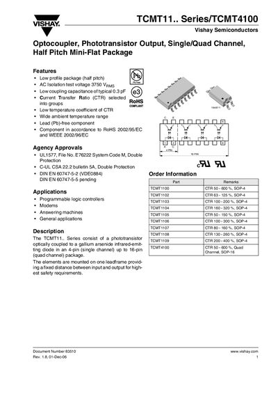 Vishay TCMT11.. Series TCMT4100 Optocoupler Datasheet - cover page
