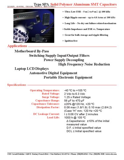CDE SPA Solid Polymer Aluminum SMT Capacitors Product Leaflet - cover page