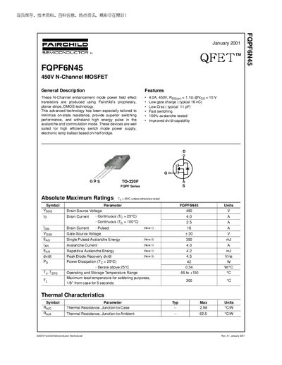Fairchild FQPF6N45 N-Channel MOSFET Datasheet - cover page