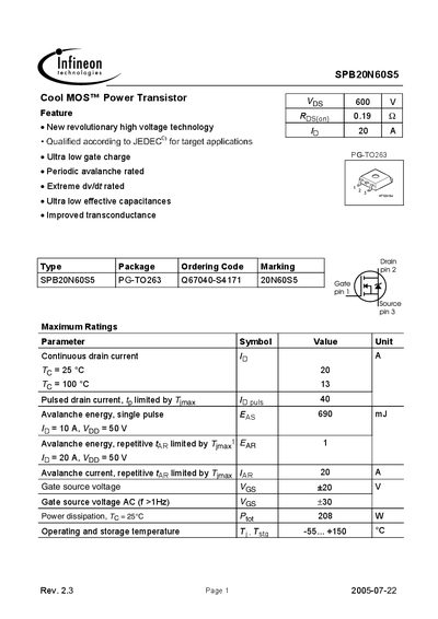 Infineon SPB20N60S5 Datasheet