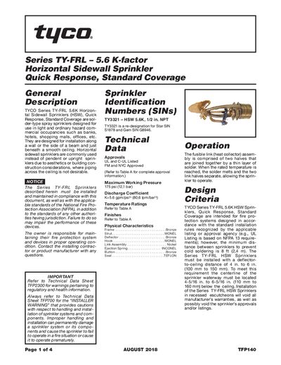 Tyco TY-FRL 5.6K Horizontal Sidewall Sprinkler Quick Response Data Sheet - cover page
