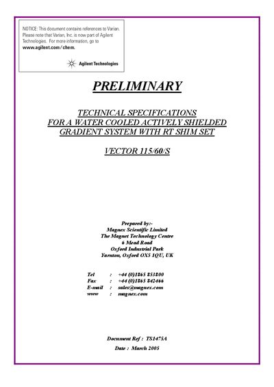 Agilent VECTOR 115/6WS Water Cooled Gradient System Technical Specifications - cover page