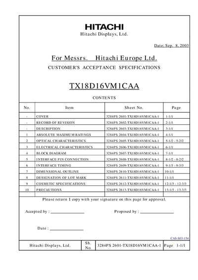 Hitachi TX18D16VM1CAA TFT LCD Module Specification - cover page