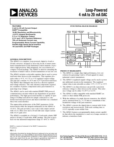 Analog Devices AD421 4-20mA DAC Product Handbook - cover page