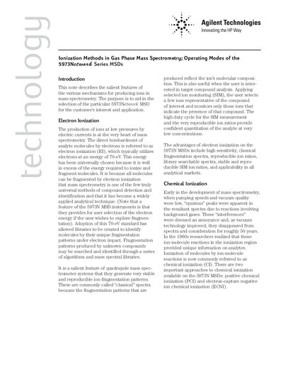 Agilent 5973 Network MSD Ionization Methods Application Note - cover page