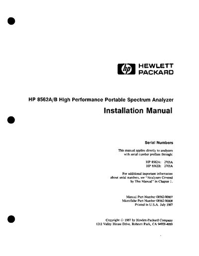 HP 8562A/B Spectrum Analyzer Installation Manual - cover page