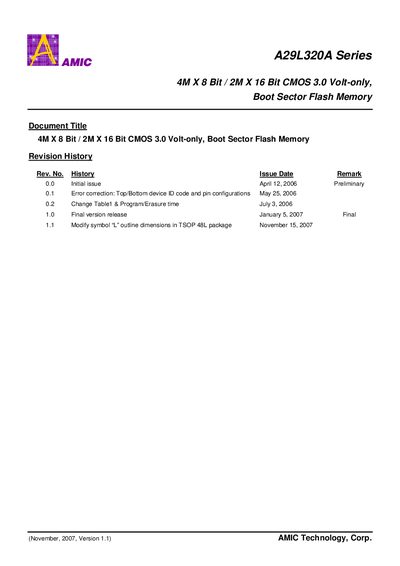 AMIC A29L320A Series Flash Memory Datasheet