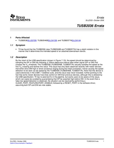 TEXAS INSTRUMENTS Errata SLLZ053 October 2006 TUSB2036 Errata Manual - cover page