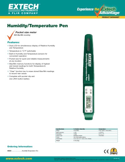 Extech 44550 Humidity/Temperature Pen Product Leaflet - cover page