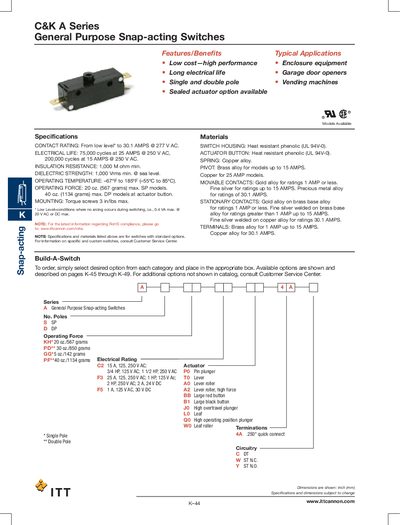 C&K A Series Snap-acting Switches Manual - cover page