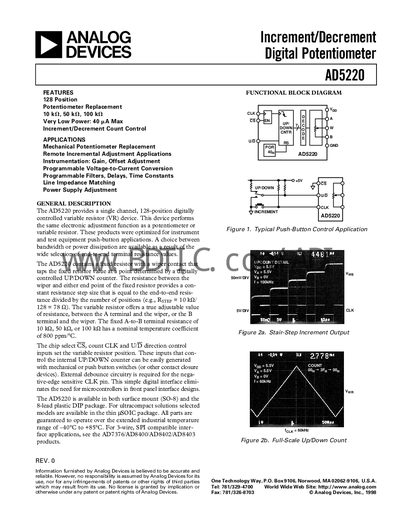 Analog Devices AD5220 Digital Potentiometer Datasheet - cover page