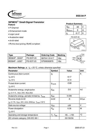 Infineon BSS84P Datasheet - cover page