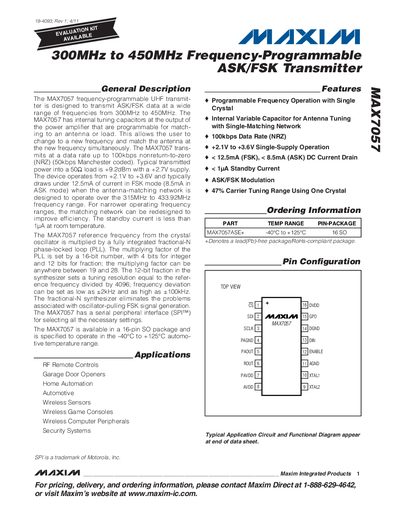Maxim MAX7057 Frequency-Programmable ASK/FSK Transmitter Datasheet - cover page