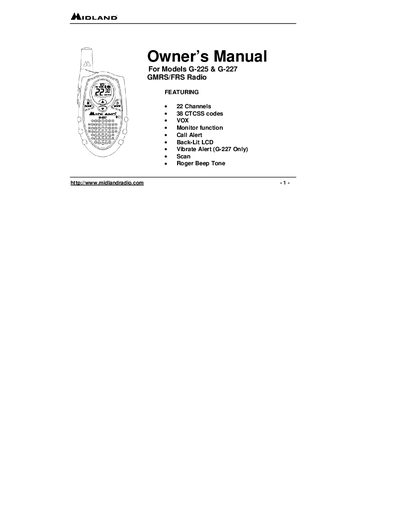 MIDLAND G255 G227 GMRS/FRS Radio owner's Guide - cover page