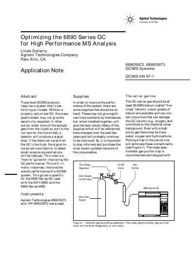 Agilent Technologies Optimizing the 6890 Series GC for High Performance Application Note