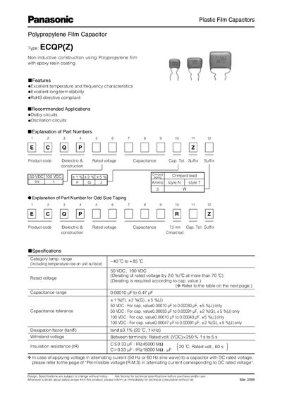 Panasonic ECQP Plastic Film Capacitors Datasheet - cover page