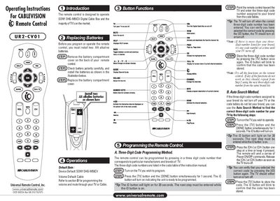 Universal Remote UR2-CV01 Remote Control User Manual - cover page