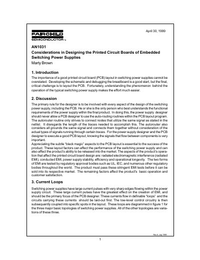 Fairchild AN1031 Considerations in Designing the Printed Circuit Boards of Embedded Switching Power Supplies Application - cover page