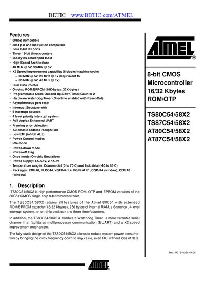 Atmel TS87C58X2 Datasheet - cover page
