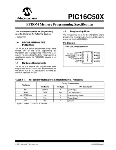 Microchip PIC16C50X EPROM Memory Programming Specification - cover page
